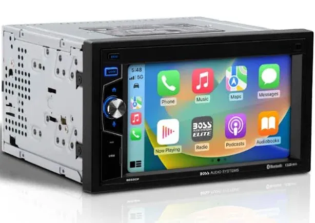 Boss Audio BE62CP Digital Multimedia Receiver - Double-DIN, 6.2-inch Capacitive Touchscreen, Apple CarPlay, Bluetooth - Black bezel with mechanical buttons and USB port.