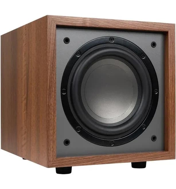 Dayton Audio 8-inch 150W Powered Subwoofer Enclosure - Wood finish, sealed type, MDF construction - Compact design with black front panel.