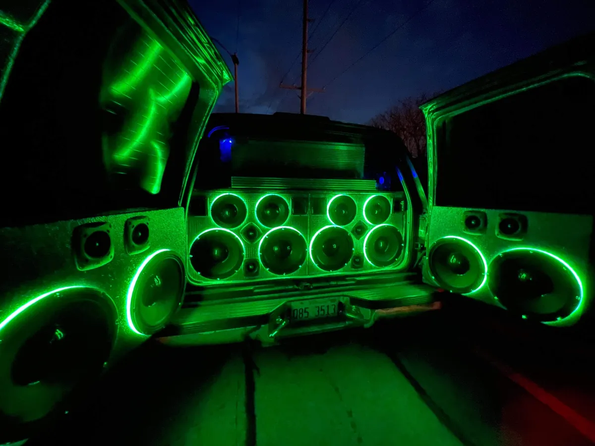 LOUD AF! LED Speaker Rings - Subwoofer - Green LED rings, circular shape, vibrant illumination, designed for car audio systems, enhances visual appeal.