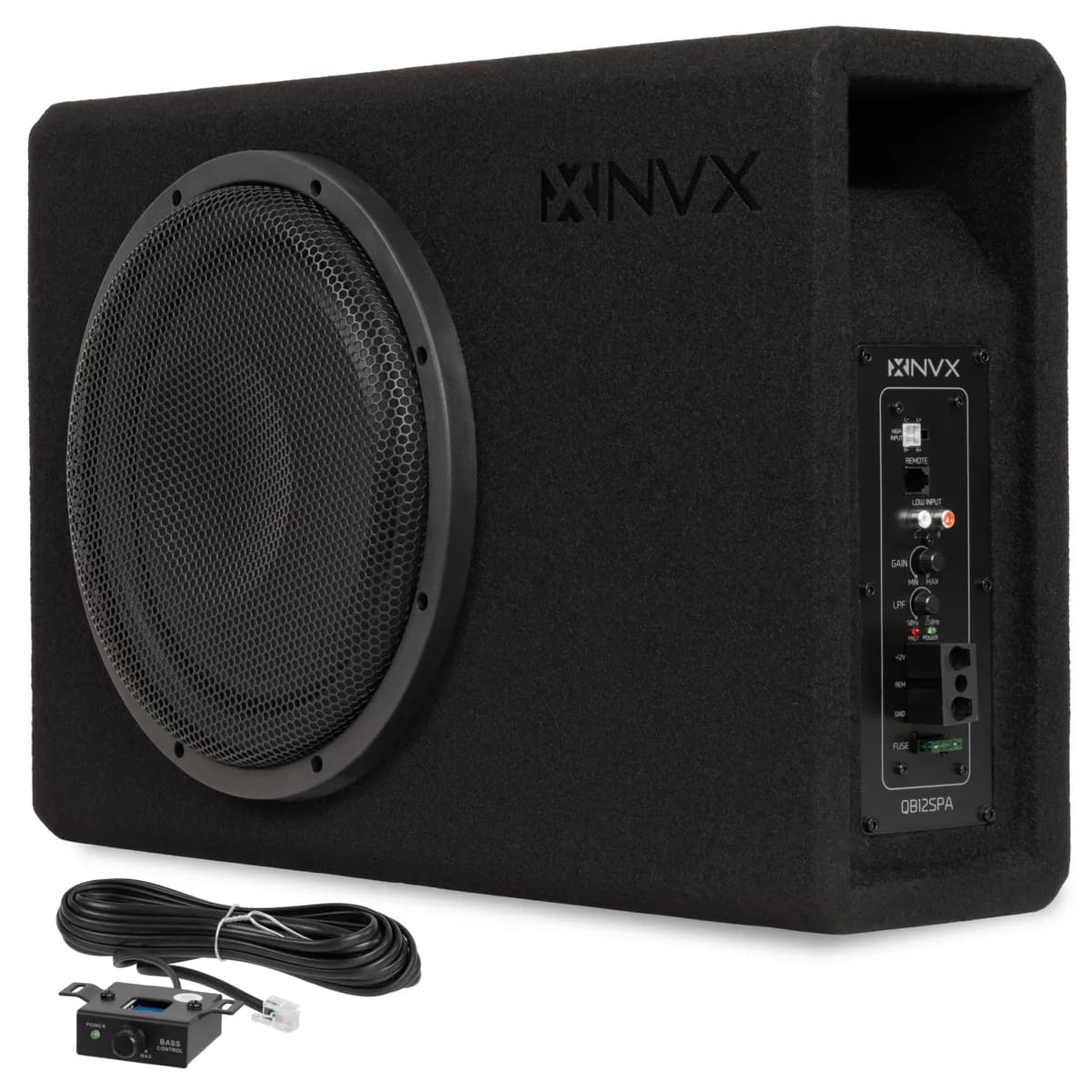 QB12SPA 1200W Peak (350W RMS) Single 12" Amplified Ported Loaded Subwoofer Enclosure with Remote Bass Knob