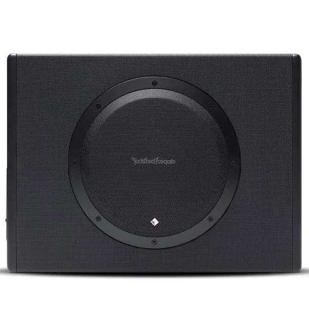 Rockford Fosgate P300-10 Punch 10-inch Powered Subwoofer - 300W RMS - Sealed enclosure, black carpet finish, MDF construction, single subwoofer - Compact rectangular design.