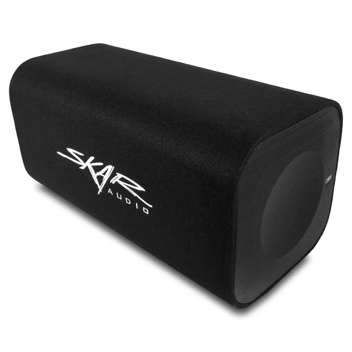 Skar Audio SK12TBV subwoofer - Enclosed in a black carpeted box with a mesh grille, designed for optimal bass performance. Features durable construction and sleek design for car audio systems.