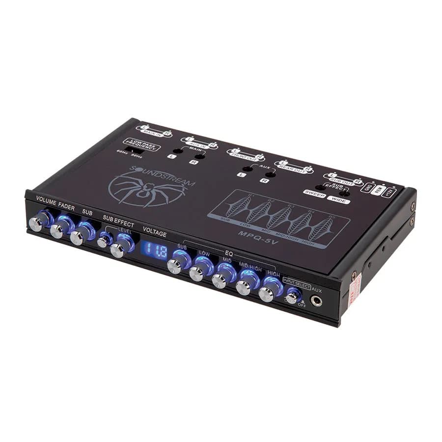 Soundstream MPQ-5V DSP - 5-Band Parametric Equalizer with Voltage Level Indicator - Black metal chassis, multiple rotary knobs for control, RCA input/output connectors, LED voltage display, compact form factor.
