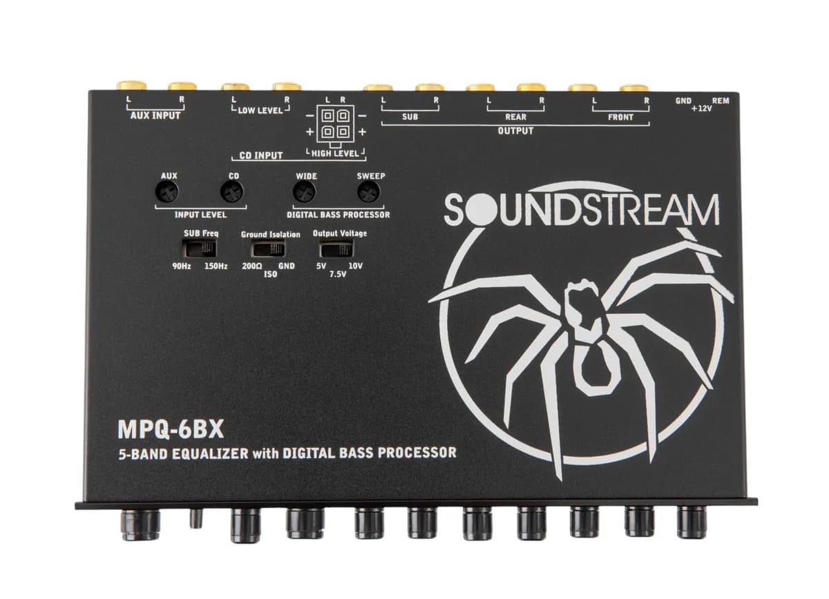 Soundstream MPQ-6BX DSP - 5-Band Equalizer with Digital Bass Reconstruction Processor - Black compact chassis with RCA inputs and outputs, control knobs, and LED indicators.