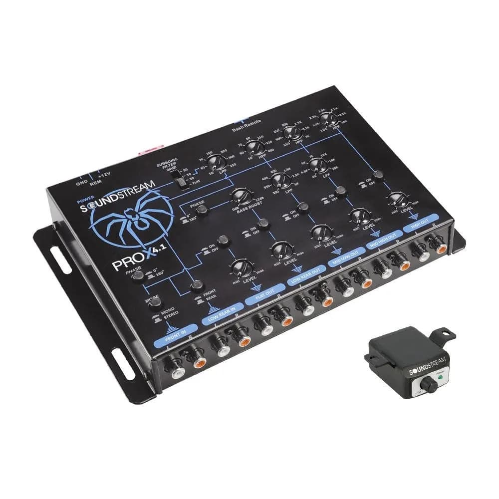 Soundstream PROX4.1 DSP - 5-Way Electronic Crossover optimized for extreme SPL applications. Features multiple control knobs, RCA input/output connectors, and a sleek black metal chassis with blue accents. Ideal for car audio enthusiasts.