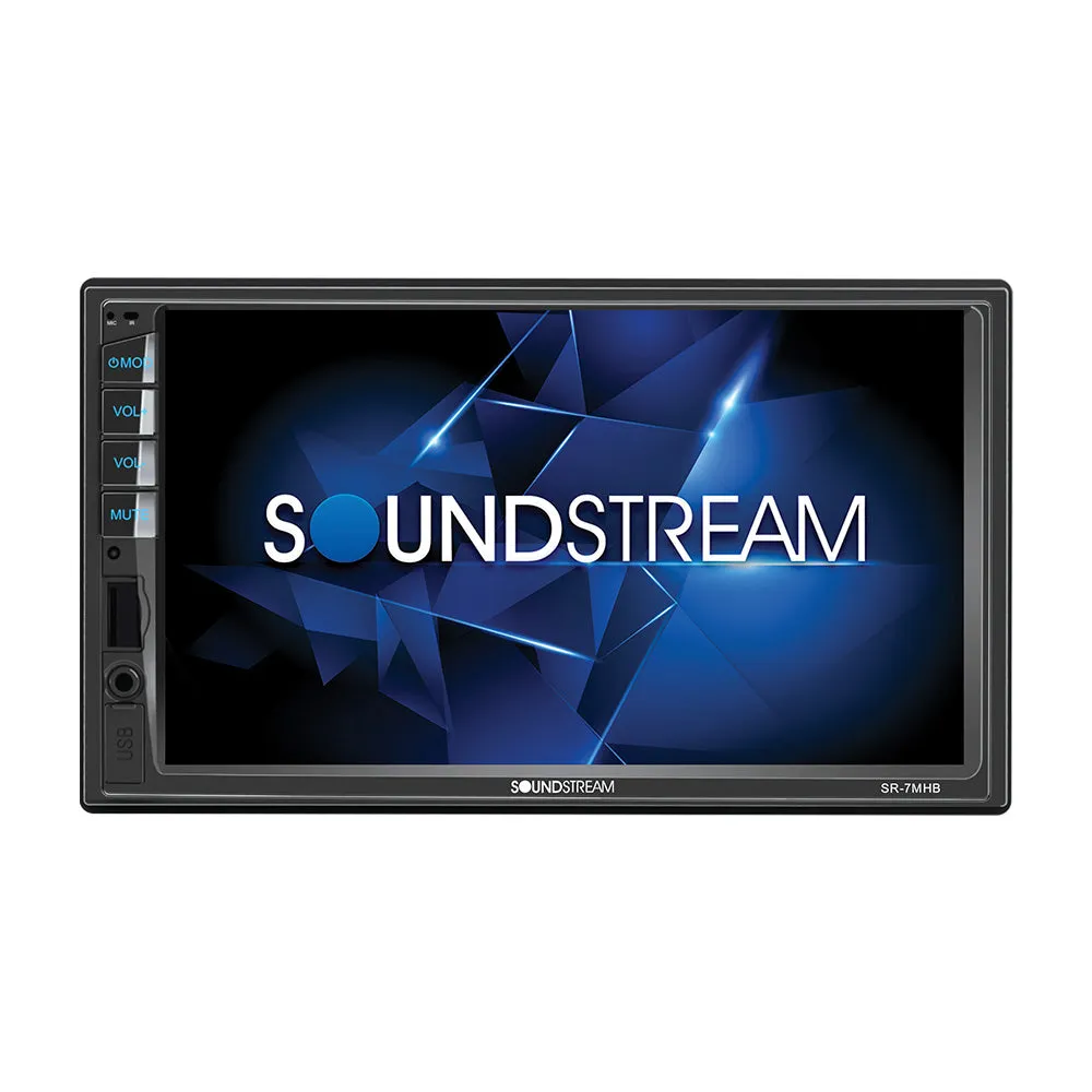 Soundstream SR-7MHB Reign Double Din Mechless Receiver - Double-DIN, 7-inch screen, USB port, capacitive touchscreen - Black bezel with blue accent buttons.