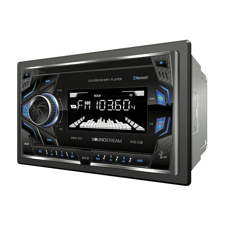 Soundstream VCD-22B Head Unit - Double-DIN, Bluetooth, CD/MP3 Player, USB Playback - Black bezel with mechanical buttons and blue accents, USB and AUX ports.
