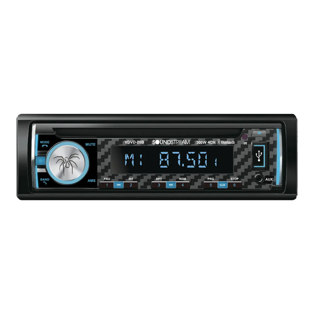 Soundstream VDVD-20B Head Unit - Single DIN, Bluetooth 4.0, USB and AUX ports, CD/DVD receiver - Black with carbon fiber pattern, blue backlit buttons.