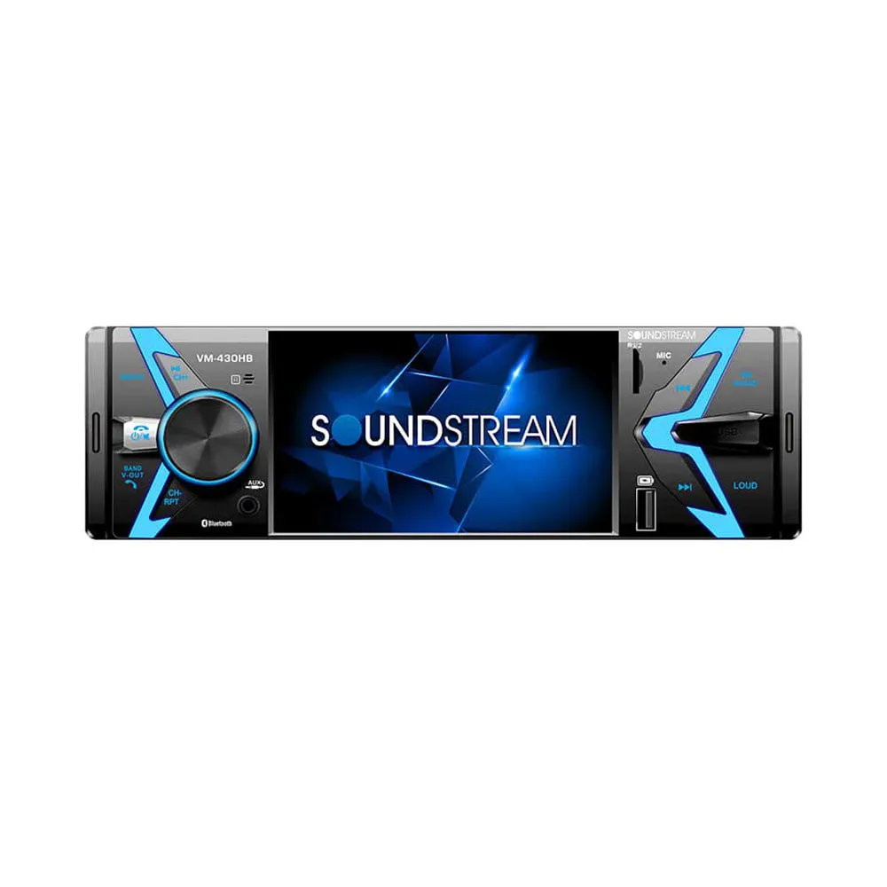 Soundstream VM-430HB Head Unit - Single-DIN, 4.3-inch screen, Bluetooth supported - Black and blue design with USB port, mechanical buttons, and vibrant display.