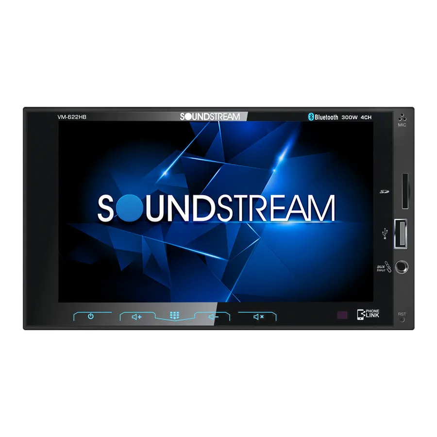 Soundstream VM-622HB head unit - Double-DIN, 6.2-inch screen, Bluetooth, USB playback - Black bezel with capacitive touchscreen and mechanical buttons.