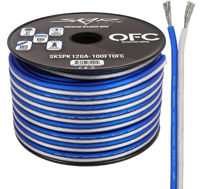 12 AWG OFC Speaker Cable, Clear Positive, Blue Negative, 100' Spool