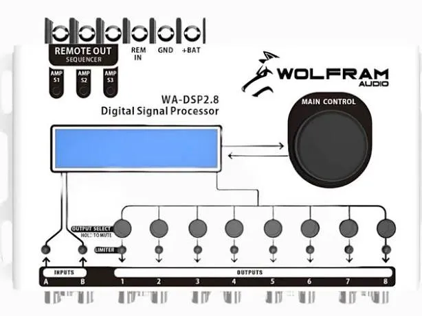 Wolfram Audio WA-DSP2.8 DSP - 2-Channel In, 8-Channel Out, Digital Signal Processor with main control knob, white rectangular chassis, RCA connectors, LED indicators - Ideal for precise audio tuning.