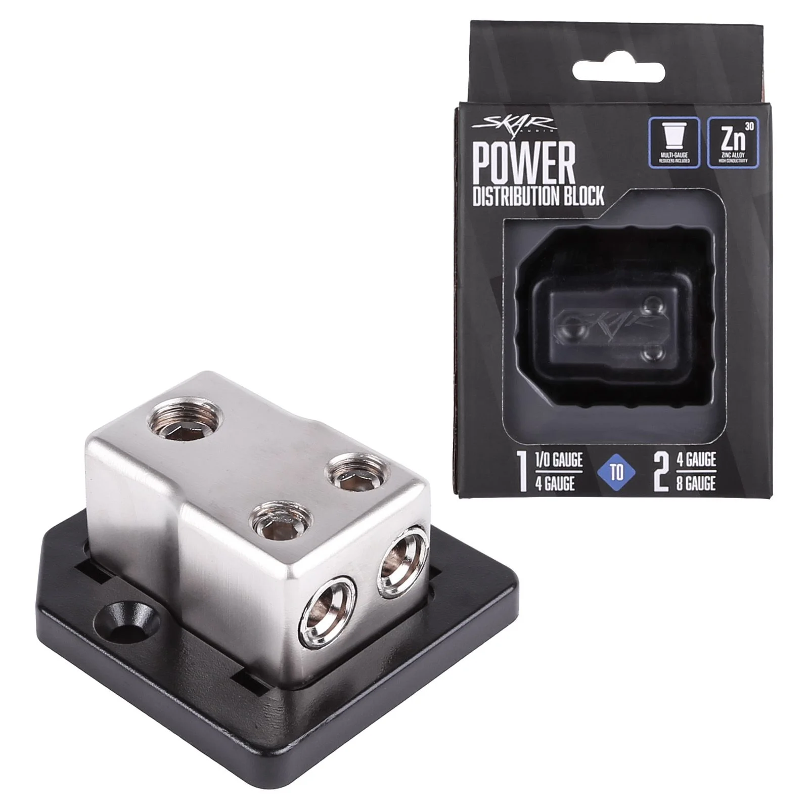 Skar Audio SK-DIST-BLK1 | Single 0/4 Gauge to Dual 4/8 Gauge Power Distribution Block