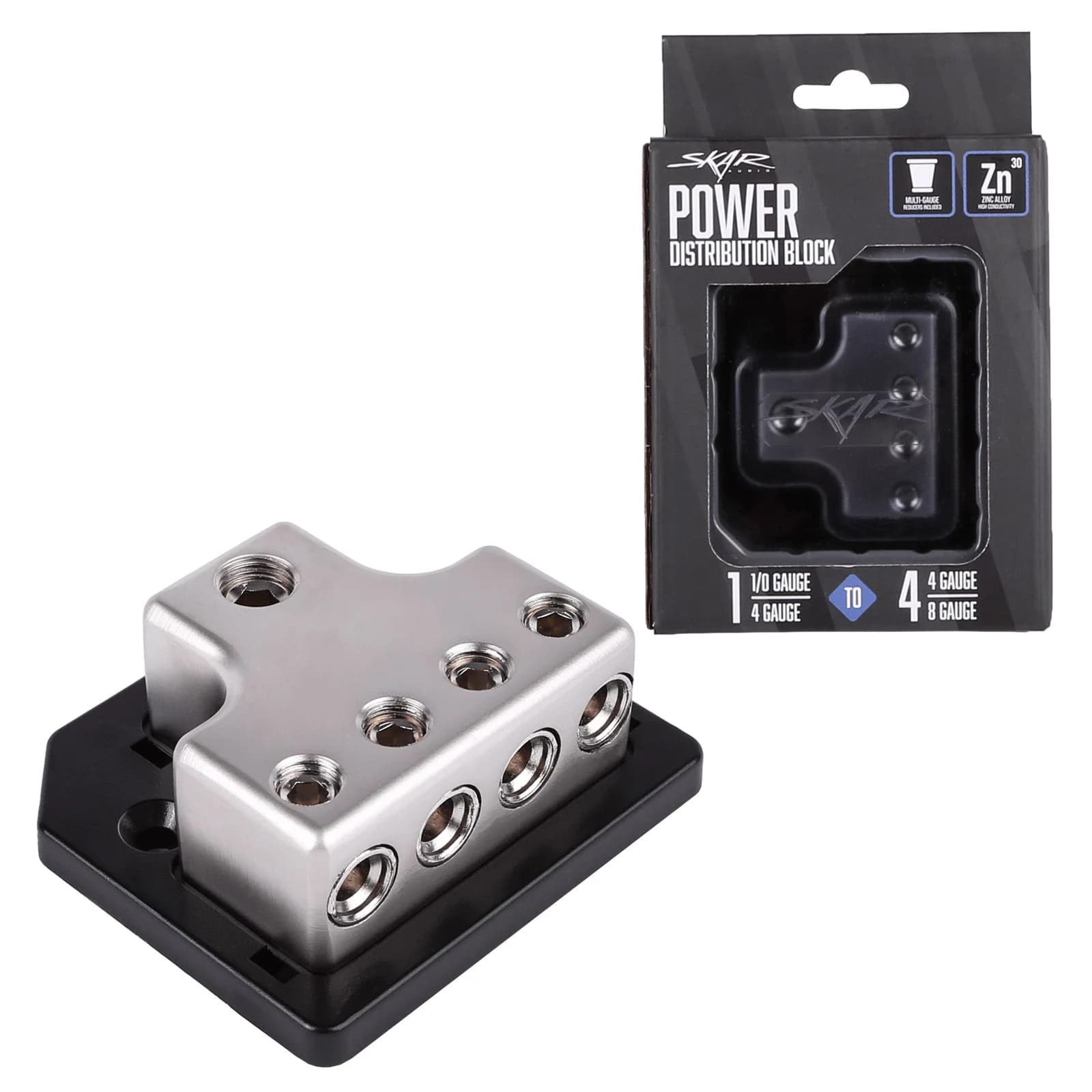 Skar Audio SK-DIST-BLK1 | Single 0/4 Gauge to Dual 4/8 Gauge Power Distribution Block