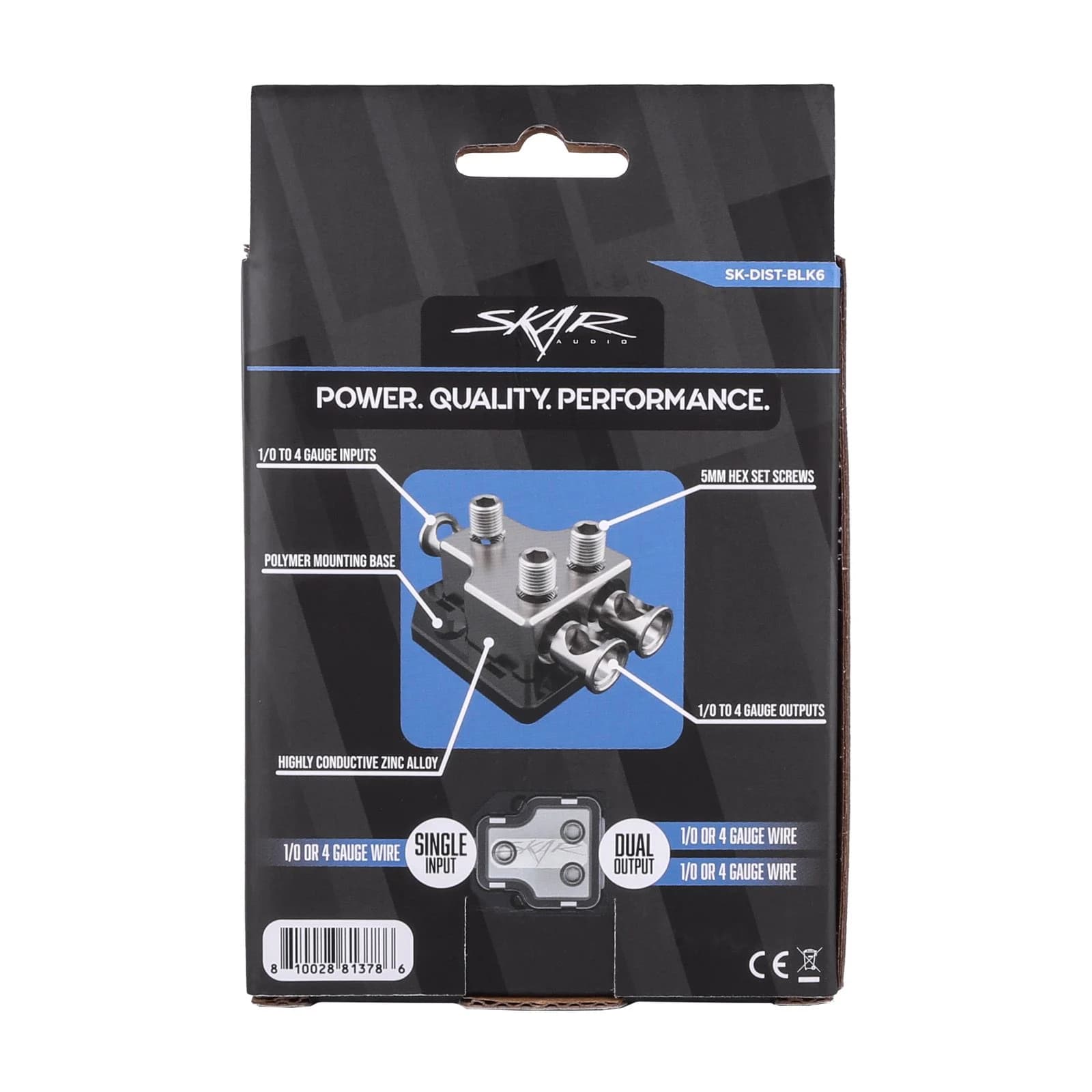 Skar Audio SK-DIST-BLK1 | Single 0/4 Gauge to Dual 4/8 Gauge Power Distribution Block
