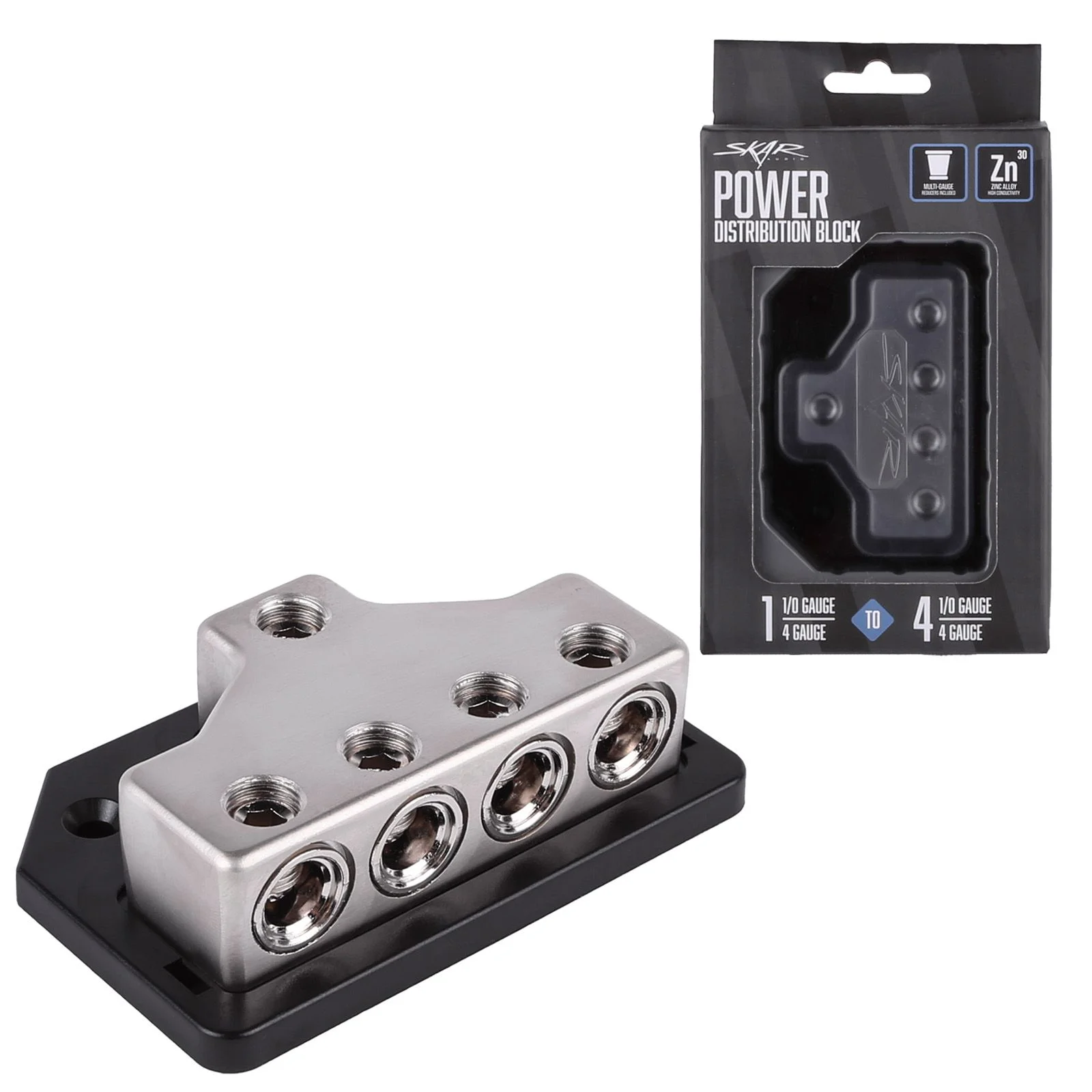 Skar Audio SK-DIST-BLK1 | Single 0/4 Gauge to Dual 4/8 Gauge Power Distribution Block