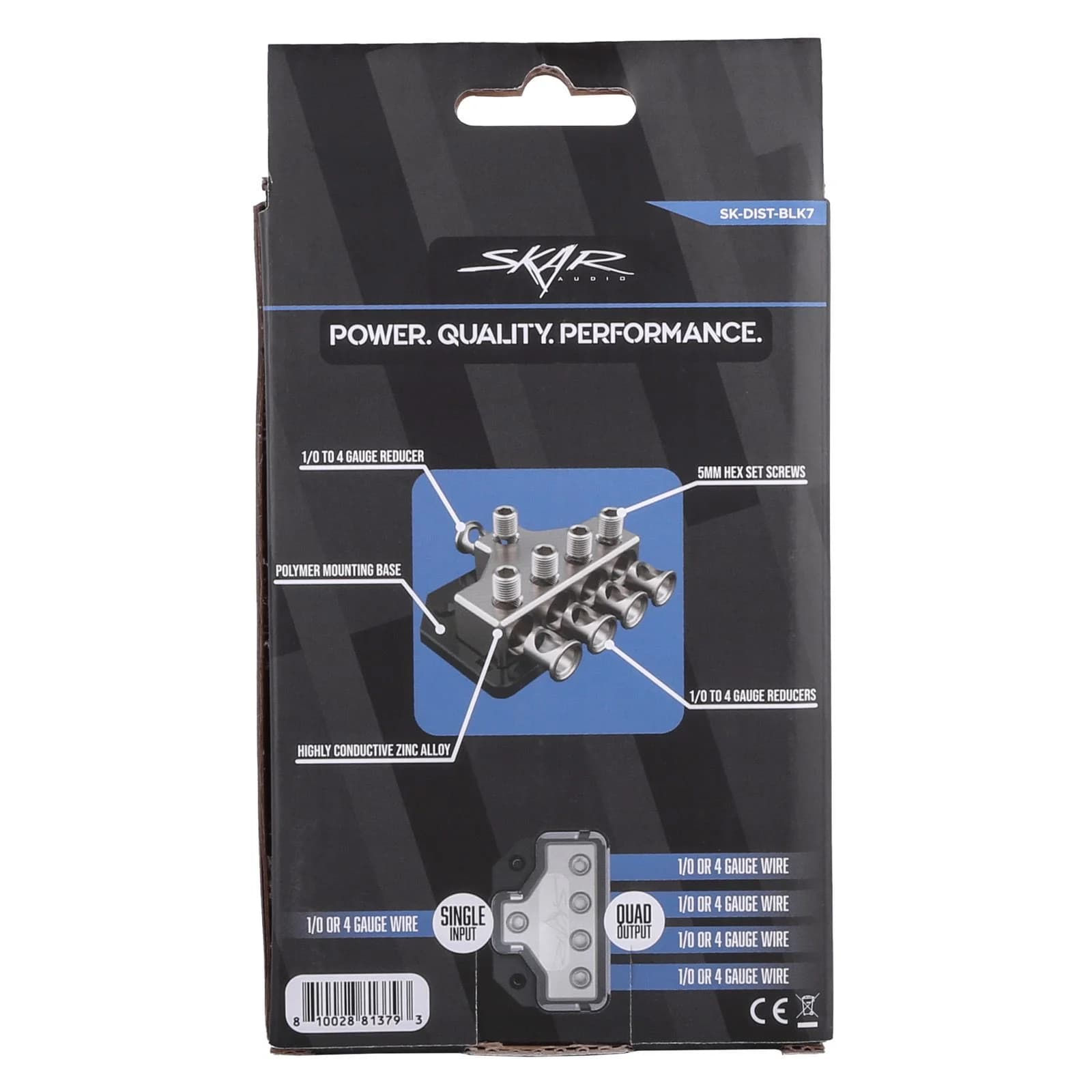 Skar Audio SK-DIST-BLK1 | Single 0/4 Gauge to Dual 4/8 Gauge Power Distribution Block