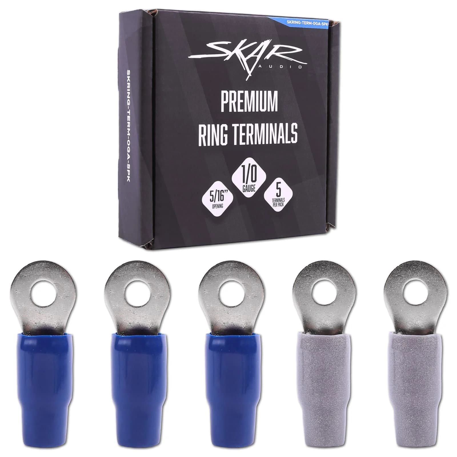 Skar Audio SKRING-TERM-0GA-5PK | 1/0 Gauge (5/16") Nickel Plated Premium Ring Terminals (5-Pack)