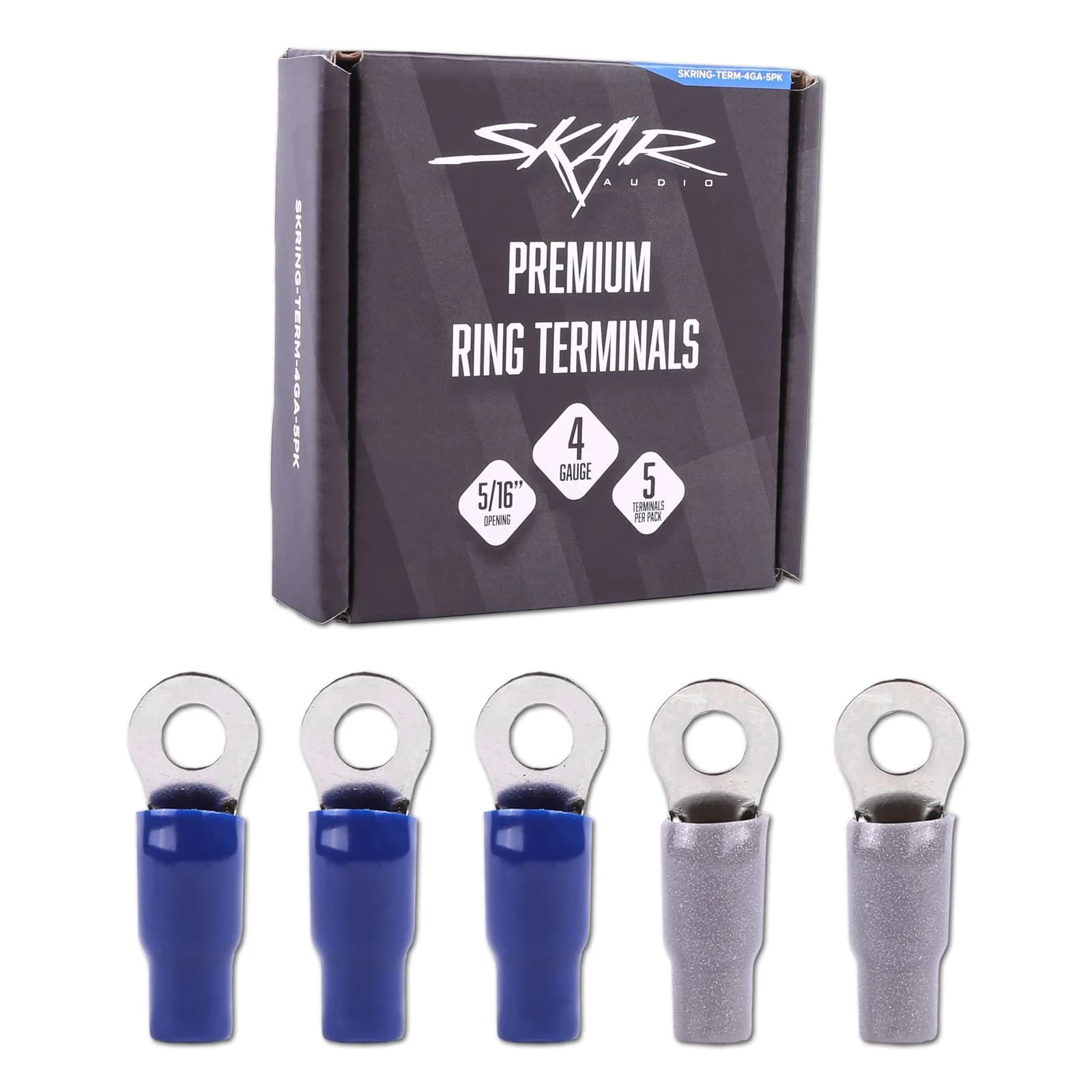 Skar Audio SKRING-TERM-4GA-5PK | 4 Gauge (5/16") Nickel Plated Premium Ring Terminals (5-Pack)